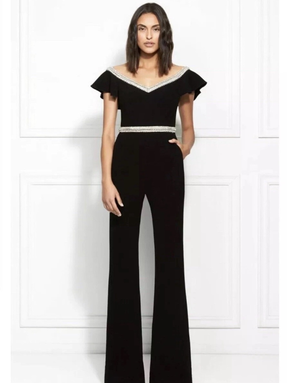 Rachel Zoe Black Off-Shoulder Jumpsuit with Silver Beaded Trim